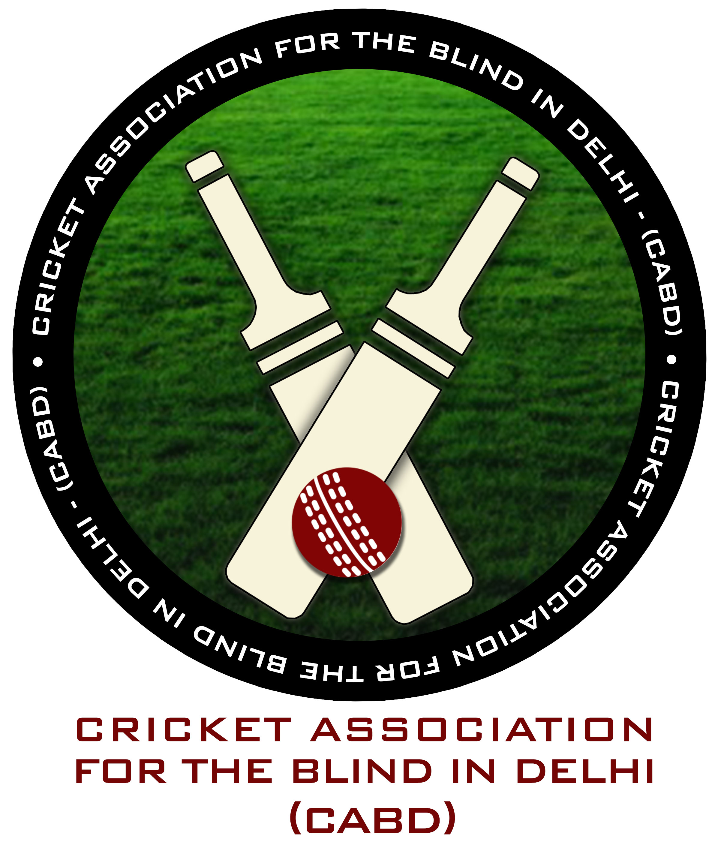 2 CROSSED BATS WITH A BALL PLACEDS IN BETWEEN AND TEXT WRITTEN AT THE BOTTOM OF CIRCLE CRICKET ASSOCIATION FOR BLIND IN DELHI (CABD)